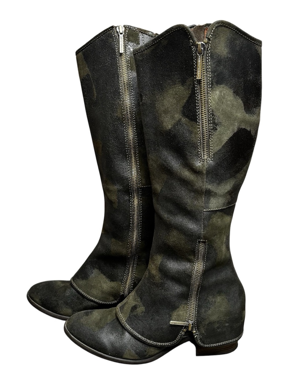 Donald J. Pliner Olive Camo Distressed Leather Tall Side-Zip Boots size 9.5